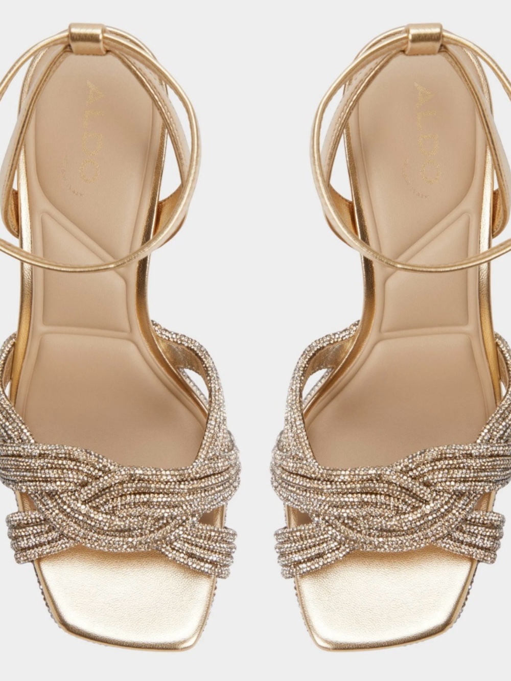 Aldo Metallic Gold Braided Beaded Ankle-Strap Heels